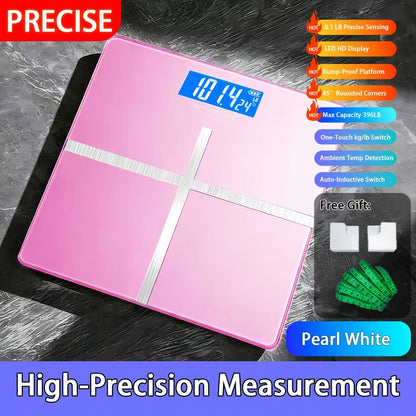 Digital Bathroom Scale with LCD Temperature Display – 396 lb High-Precision Weight Scale, KG/Pounds Switchable, Wide Non-Slip Platform, Available with HD LED Upgrade, Waist Strap & Storage Rack