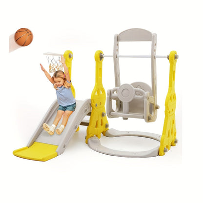 4-in-1 Toddler Slide and Swing Set with Climber Basketball Hoop Outdoor Indoor Backyard Playground Playset for Kids Ages 1-6 Yellow