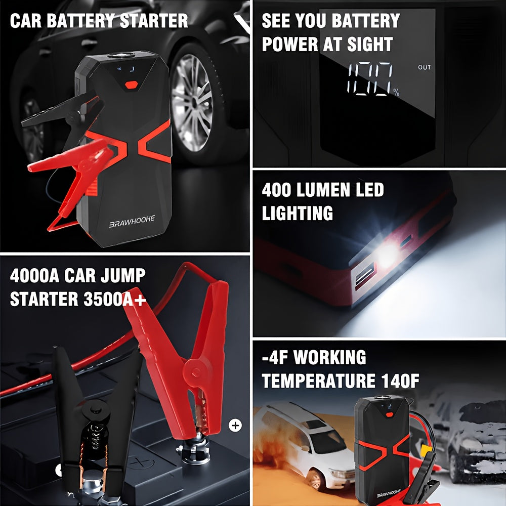 5-in-1/10IN1 Portable Car Battery Jump Starter With Tire Inflator 12V Fast Start, Battery Boost, USB I/O, LED Emergency Light, Reliable Power, Roadside/Vehicle Emergency Tool 4000A/12000A Portable Wireless Car Jump Starter Battery Portable
