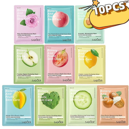 Hydrating Sheet Mask 10pcs Fruit Essence Glycerin Moisturizing Nourishing Brightening Face Mask for All Skin Types Lemon Scent Korean Skincare Travel Size