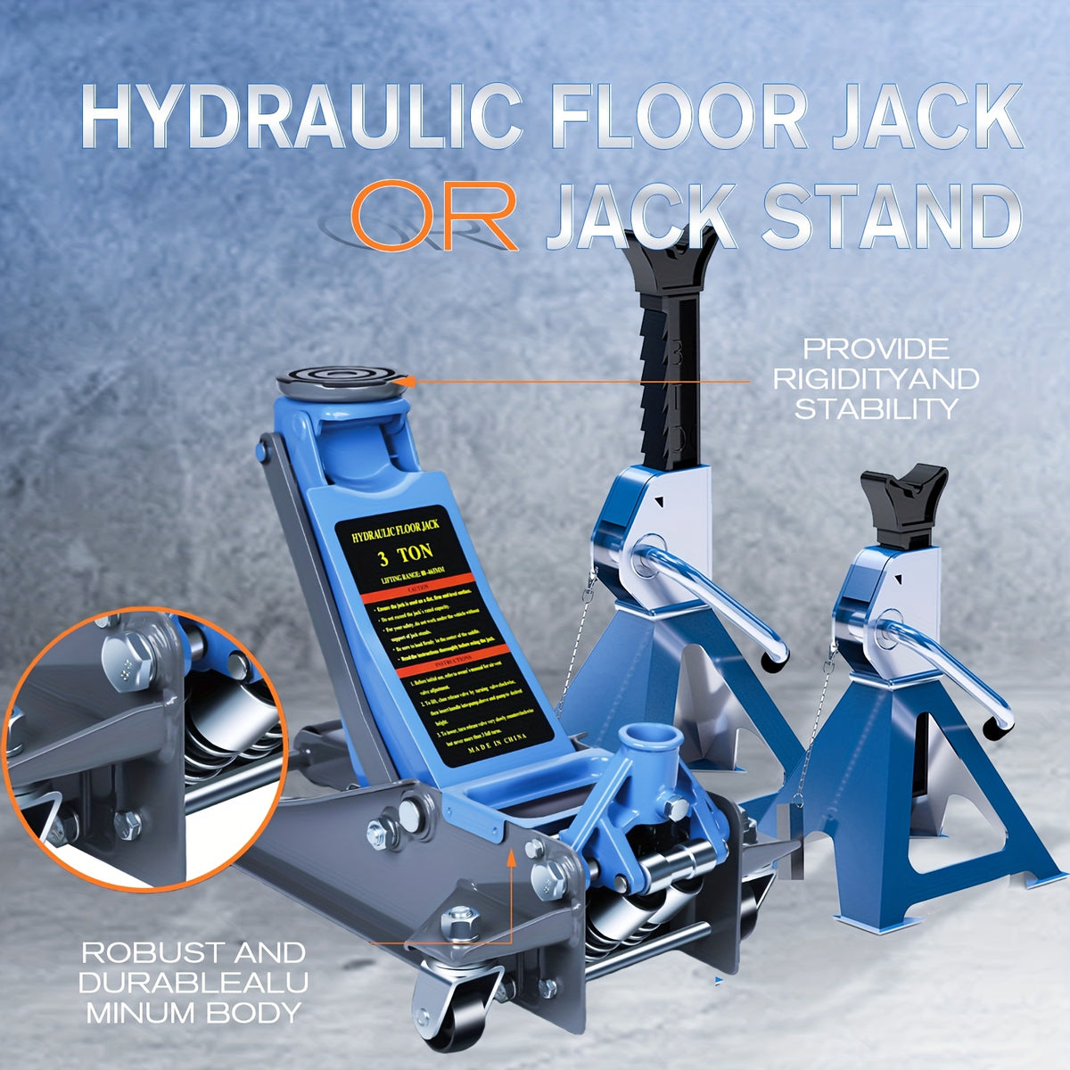 3T Jack Stands(2 PCS) Sold Separately And 2/3/4 Ton Hydraulic Floor Jack, 80- 500mm Lifting Range, Thickened, Anti-Slip Stable Base, Quick Lift for Car SUV Sedan, Safe Lifting Tool for Vehicle Repair And Emergency Use, for Car Jack