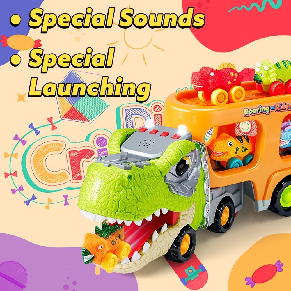 T-Rex Carrier Truck Toy with 6 Mini Rubber Dinosaur Cars LED Lights & Roaring Sound – Sliding Ramp Launch Two-Level Storage Transport Vehicle for Toddlers Kids Ages 2-6 Birthday Gift Boys Girls