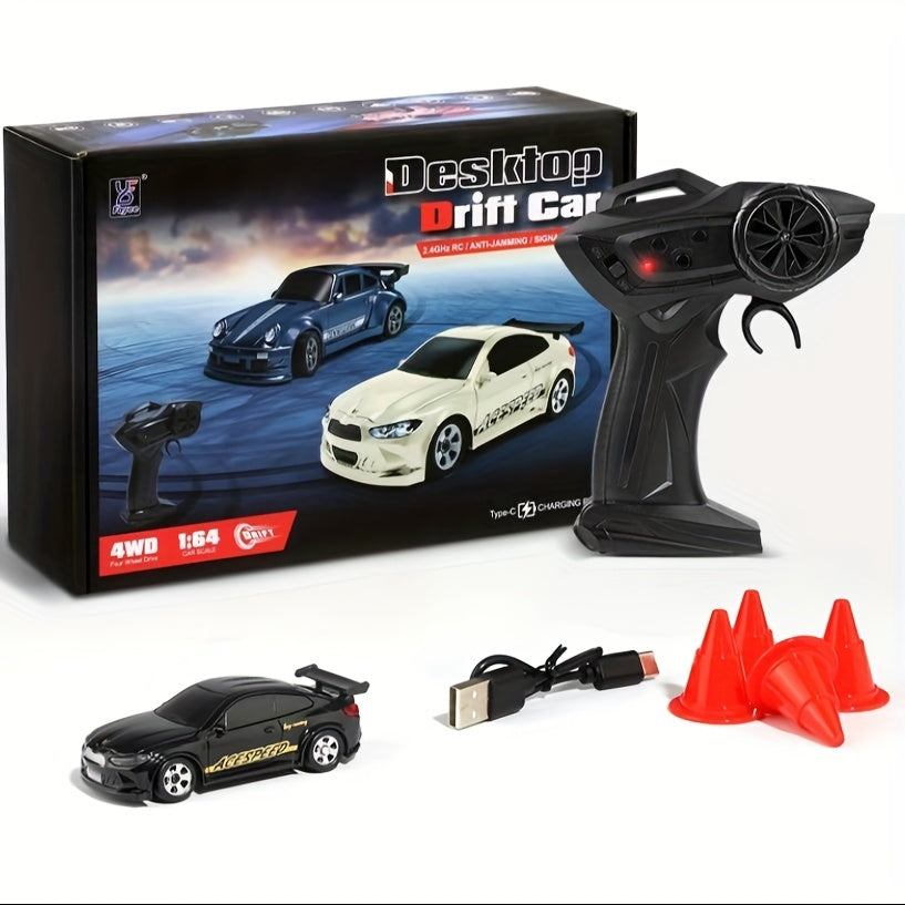RC Drift Car 1/64 Scale 4WD with LED Lights – High-Speed Remote Control Racing Sports Car, Desktop Mini RC Toy for Boys Kids Teens, Birthday Christmas Gift Black Blue