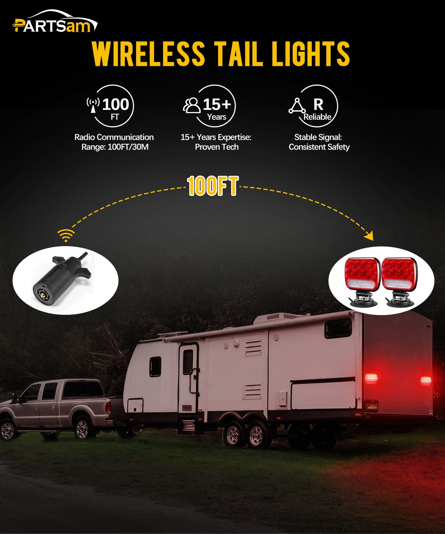 Wireless Magnetic LED Trailer Light Kit – 26 LED Towing Tail Light Stop Turn Brake Reverse, 7-Pin Plug 12-24V IPX5 Waterproof, 180° Rotatable, 100FT Range for Trucks Trailers