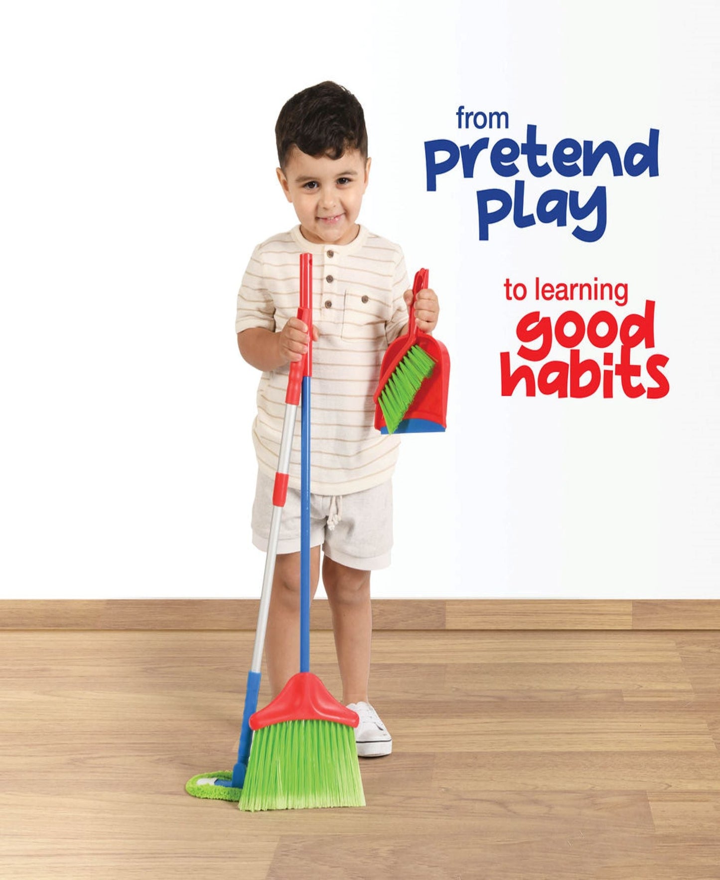 Kids Cleaning Set 4 Piece Toy Broom Mop Brush Dustpan – Pretend Play Housekeeping Kit for Toddlers Boys Girls | Develops Fine Motor Skills & Responsibility | Best Birthday Christmas Gift Ages 3+