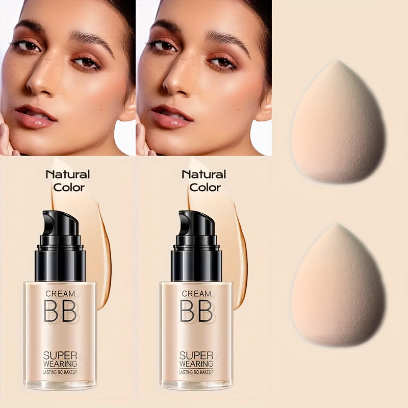 Moisturizing BB Cream Liquid Foundation Set 2-Piece with Makeup Sponge — Flawless Long-Lasting Medium Coverage Skin-Isolating Concealer for All Skin Types Women Natural & Light Beige Shades