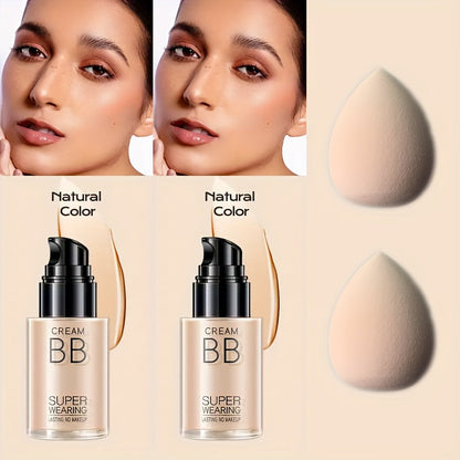 Moisturizing BB Cream Liquid Foundation Set 2-Piece with Makeup Sponge — Flawless Long-Lasting Medium Coverage Skin-Isolating Concealer for All Skin Types Women Natural & Light Beige Shades