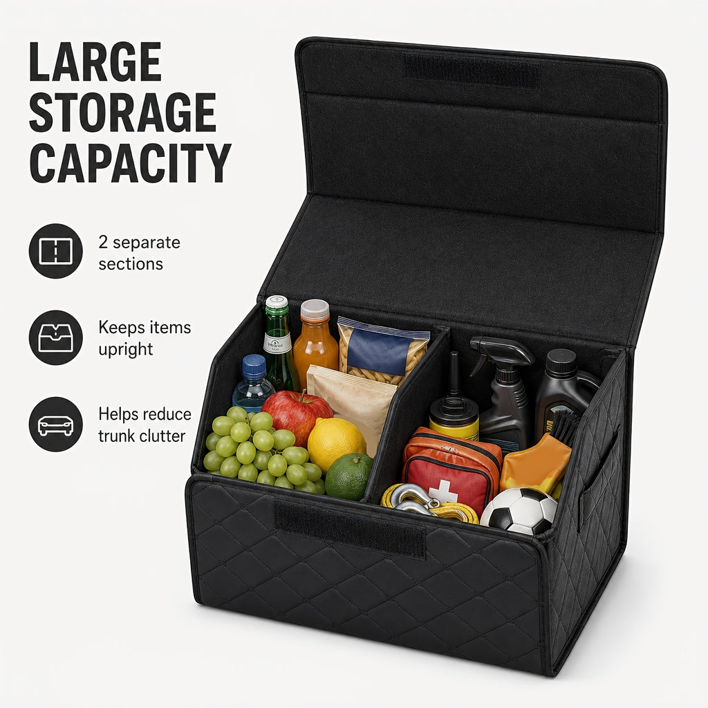 Faux Leather Car Trunk Organizer with Lid, Keep Your Trunk Tidy, Foldable Large Capacity Cargo Storage Box for Groceries, Tools, Sports Gear, Travel Essentials, Suvs, Sedans, And Trucks