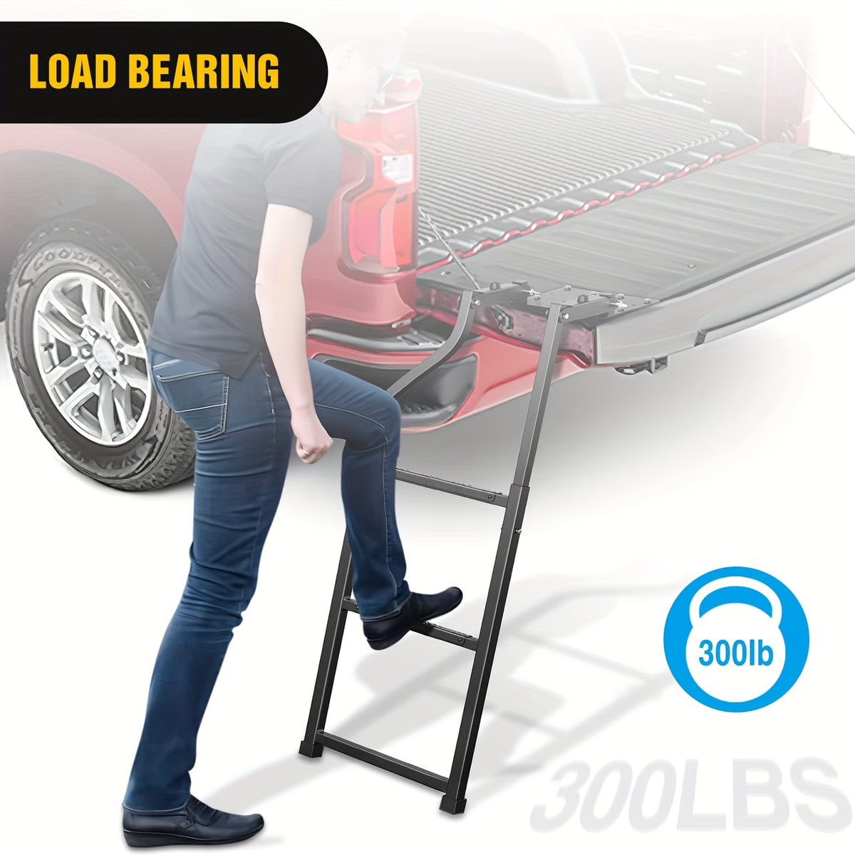 Universal Foldable Truck Tailgate Ladder For Pickup With Aluminum Step Grip Plates, Replaceable Rubber Ladder Feet & Stainless Steel Self Drilling Hex Screws For Easy Installation