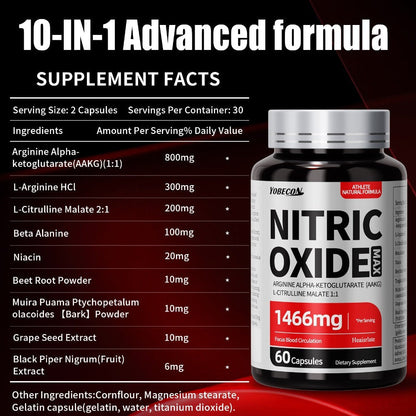 Nitric Oxide Supplement 1466mg with L-Arginine, L-Citrulline & Beet Root — Boosts Blood Flow, Muscle Pump, Endurance & Athletic Performance | Pre-Workout Capsules for Men & Women | 1-3 Bottle Options
