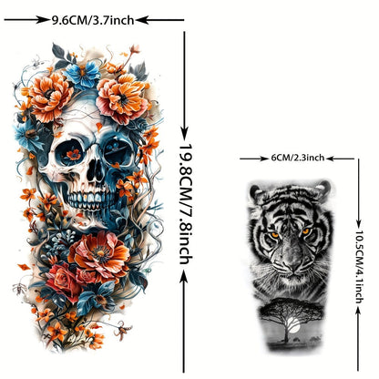 Temporary Tattoos for Adults 71 Sheets Waterproof Long Lasting Old School Gothic Punk Chicano Tiger Wolf Lion Dragon Skull Floral Body Art for Halloween Parties Festivals Costumes