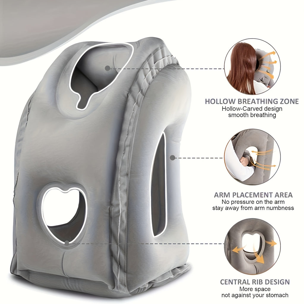 Portable Inflatable Nap Pillow - Comfortable Neck Support For Aviation, Train, Car And Office Use, Easy Nap Air Cushion, Soft Microfiber Cover, Gray