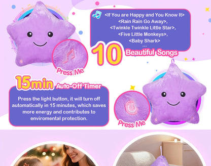 Light Up Musical Star Plush Toy with LED Glow & Soothing Music – Soft Stuffed Star Night Light for Kids Toddlers Nursery, Birthday Baby Shower Valentine Gift for Children Couples