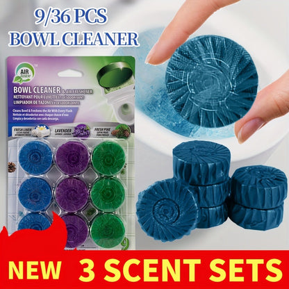 Automatic Toilet Bowl Cleaner Tablets 9/36pcs - Low Odor Fresh Linen Lavender Pine Mix Scents, Powerful Stain Removal Long-Lasting Deodorizer, Safe for Plastic Surfaces, Easy Use for Home & RV Toilet