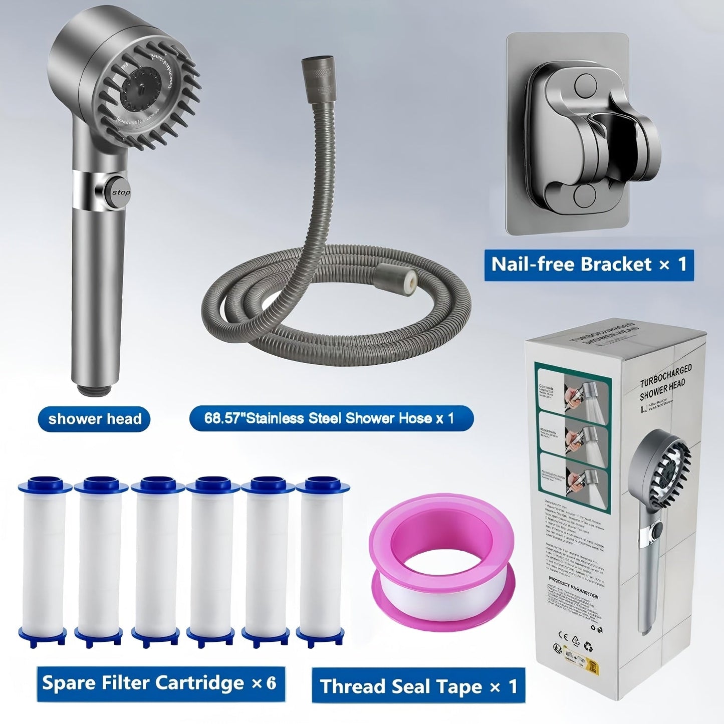 High Pressure Shower Head Set 4-Piece – Turbine Spray Wall Mounted, 3-Stage Adjustable Mode, 6 Water Filters & 68" Hose, Skin-Friendly Bathroom Shower Upgrade Kit