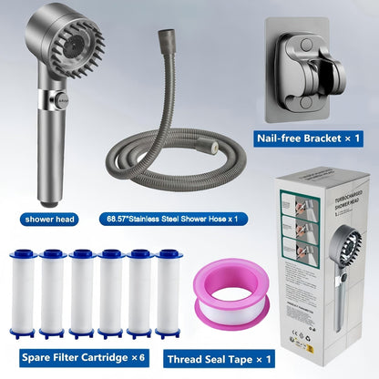 High Pressure Shower Head Set 4-Piece – Turbine Spray Wall Mounted, 3-Stage Adjustable Mode, 6 Water Filters & 68" Hose, Skin-Friendly Bathroom Shower Upgrade Kit