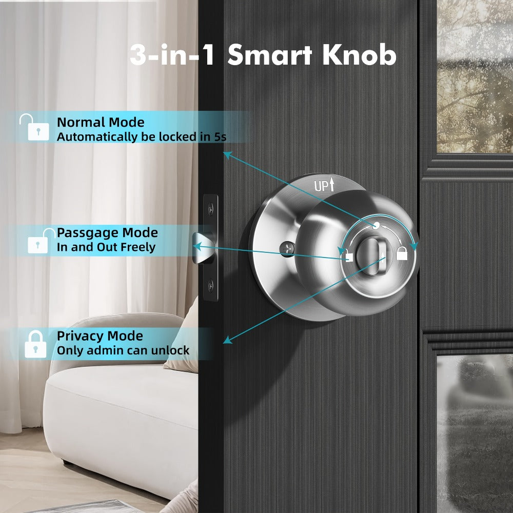 Smart Door Lock Keyless Entry – 3-in-1 APP + PIN + Key Access, Auto-Lock, Wireless Bedroom Door Lock with Durable Alloy Construction, Easy Installation, Holiday Gift for Family (Silver)
