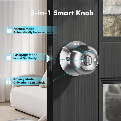 Smart Door Lock Keyless Entry – 3-in-1 APP + PIN + Key Access, Auto-Lock, Wireless Bedroom Door Lock with Durable Alloy Construction, Easy Installation, Holiday Gift for Family (Silver)