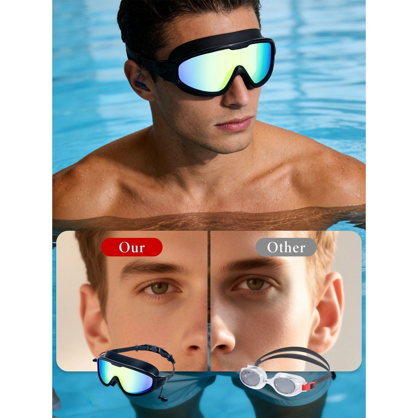 HD Swim Goggles 2 Pack – Anti-Fog Clear Vision, Adjustable Strap, Soft Seal Comfortable Fit for Adults, Pool Training Beach Water Sports, Earplugs Nose Clip Case Included