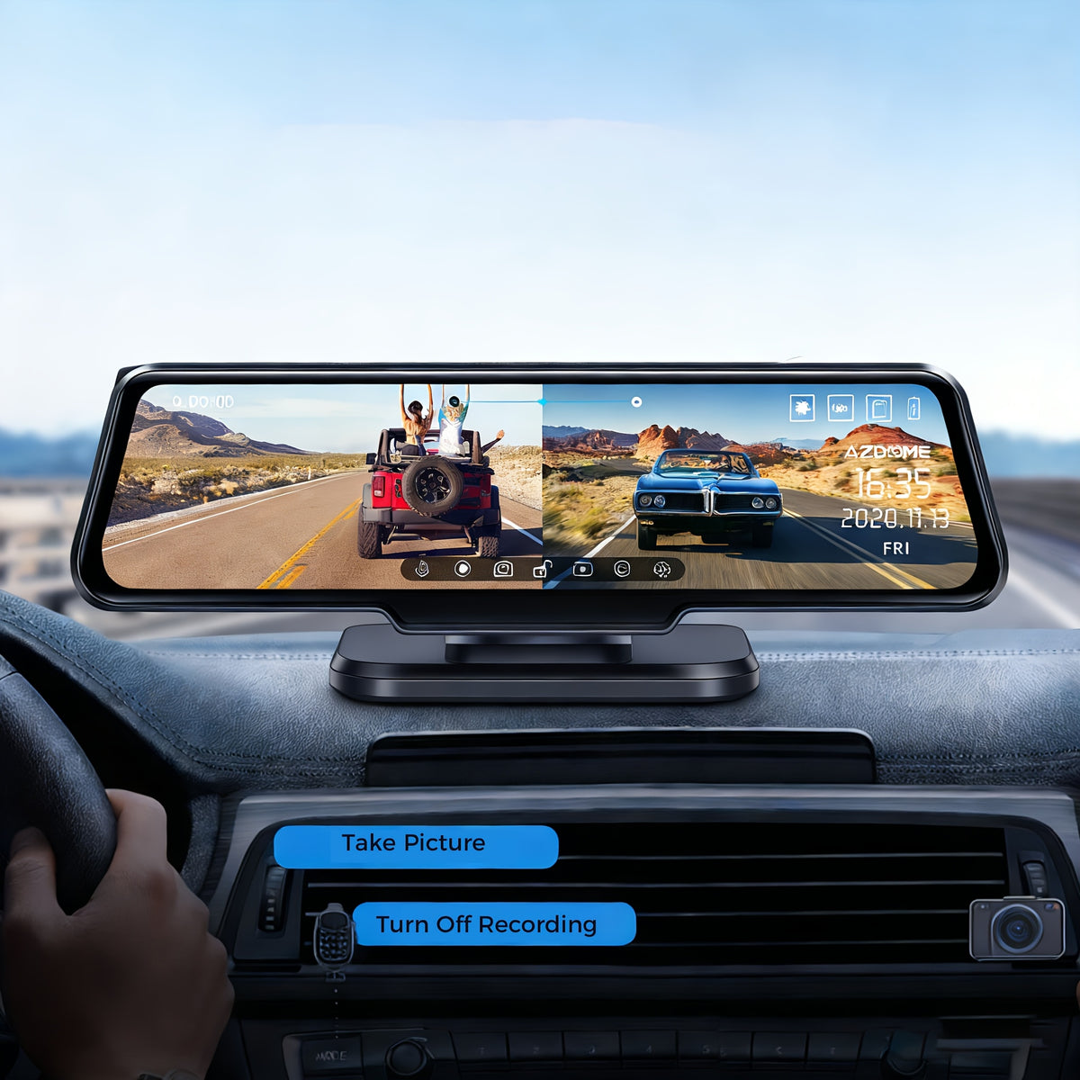 10-inch Touchscreen Dash Cam with Front 1296P and Rear 1080P Recording. Supports App Control, WiFi, GPS, English Voice Control, WDR Wide Dynamic Range, Super Night Vision, and Parking Monitor Mode. Requires Additional Mini Three-core Hard-wiring Kit