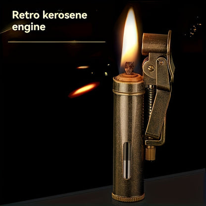 Retro Copper Kerosene Lighter – Pure Copper Vintage Flip Top One-Click Ignition Lighter, Nostalgic Personality Design, Windproof Refillable Kerosene Lighter, Unique Gift for Men Friends (Kerosene Not Included)