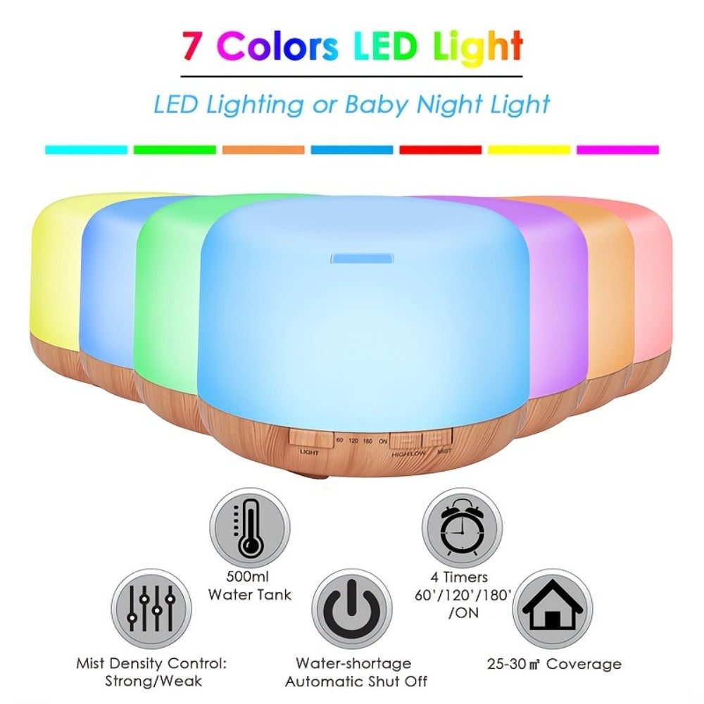 Large Room Essential Oil Diffuser 16.91oz – Timer, 7 Ambient LED Lights, No Water Auto-Off, Wood Grain Design for Home & Office