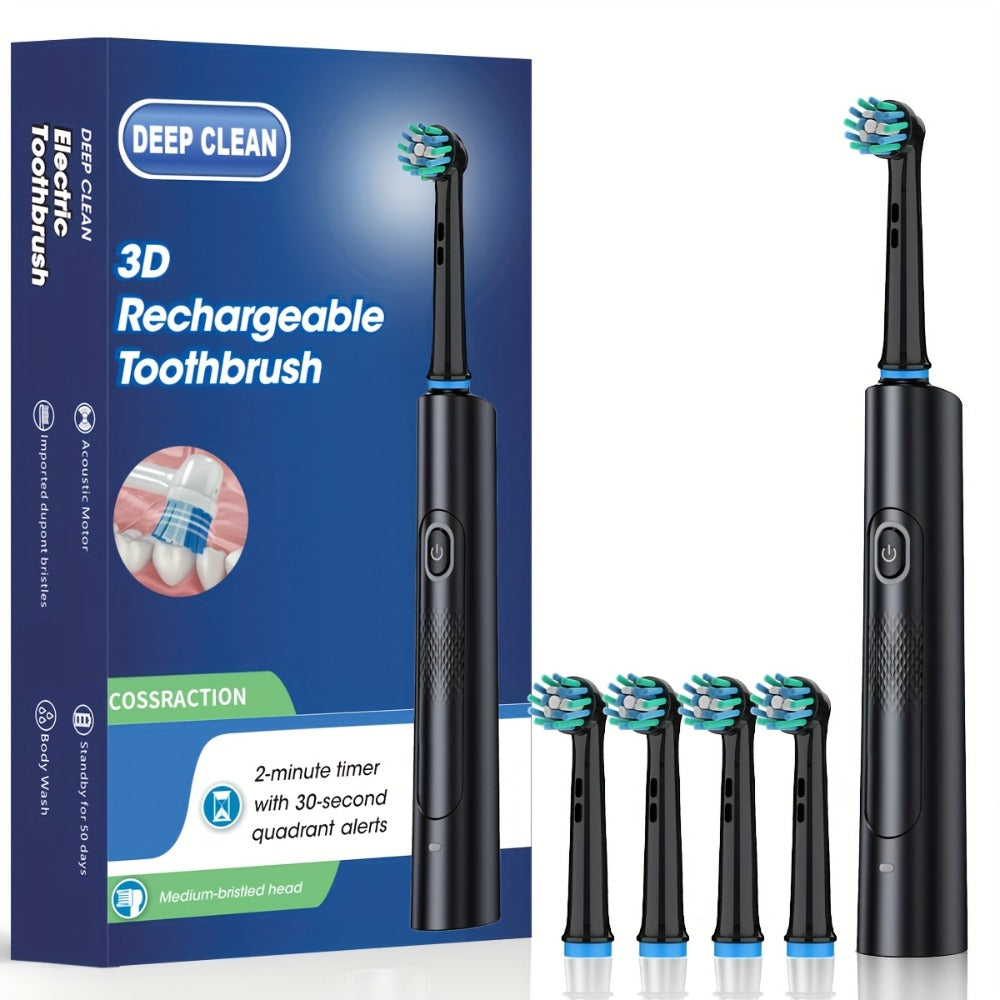 Electric Toothbrush with Smart Timer – Sonic Whitening, 3D Round Soft Bristle Head, IPX67 Waterproof, USB Rechargeable, 4 or 8 Brush Heads, Black White Pink for Adults, Couples & Families