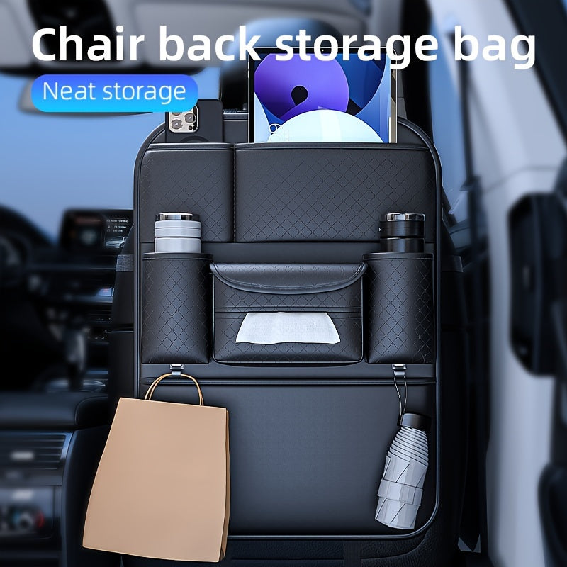 Ling Grid Backrest Storage Bag: Large Capacity, PU Leather, Car Seat Organizer