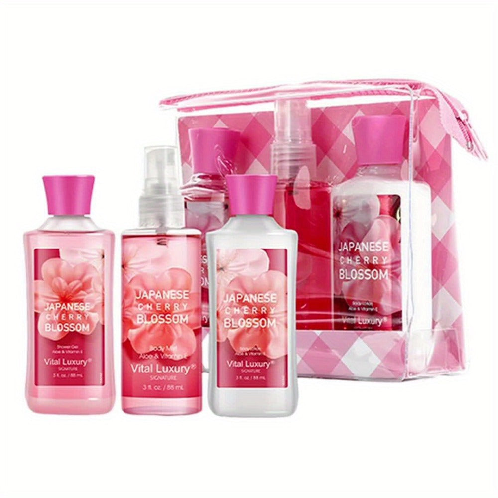 Bath Body Care Gift Set Shower Gel Body Lotion Body Mist Aloe Vera Vitamin E Glycerin Deep Moisturizing Fragrance Set for Women Cherry Blossom Lavender Vanilla Coconut All Skin Types