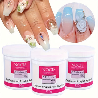 No Lamp Acrylic Nail Extension Powder 120g Clear Pink White — Long-Lasting Crystal Formula for Carving 3D Nail Art Overlays Professional Salon & Home Use