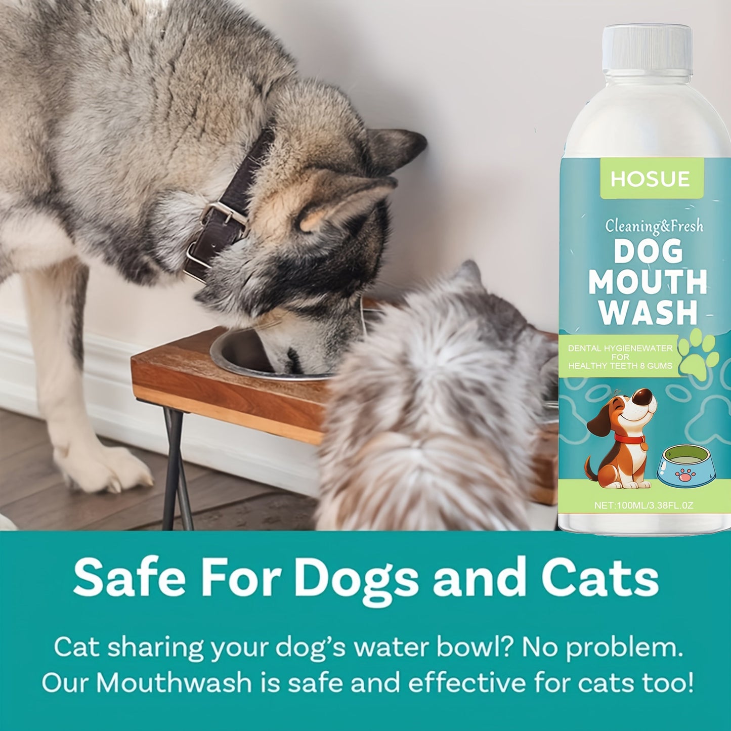 Dog Mouthwash for Fresh Breath with Peppermint Extract - Natural Dental Health Oral Care Liquid, Easy-to-Use Water Additive for Dogs, Freshens Breath & Supports Clean Teeth, 100ml / 3.38oz