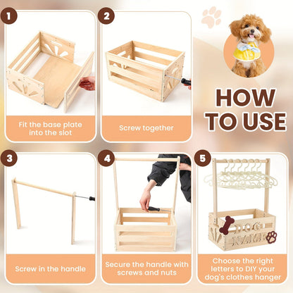 Wooden Pet Wardrobe Storage Box 20"x13"x9" – Dog & Cat Toy Organizer with Hanging Pole & PET Letters | Easy Assemble Basket for Pet Clothing, Accessories & Toy Storage, Natural Wood