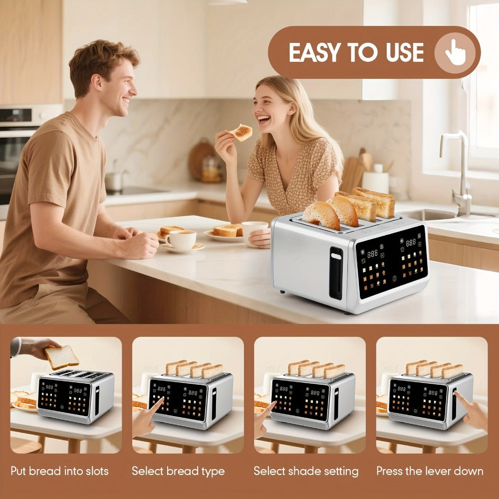 4-Slice Digital Smart Toaster with Touchscreen | Dual Control Panel, Single Slot Toasting, Timer, Reheat & Defrost Functions for Bagels, Bread & Waffles – Stainless Steel Kitchen Essential