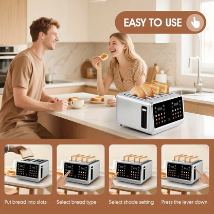 4-Slice Digital Smart Toaster with Touchscreen | Dual Control Panel, Single Slot Toasting, Timer, Reheat & Defrost Functions for Bagels, Bread & Waffles – Stainless Steel Kitchen Essential