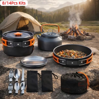 Camping Cookware Mess Kit 8 & 14 Piece – Portable Non-Stick Aluminum Alloy Camp Kitchen Set with Kettle, Pot, Frying Pan, Plates, Forks, Knives & Spoons for Backpacking, Hiking & Outdoor Cooking