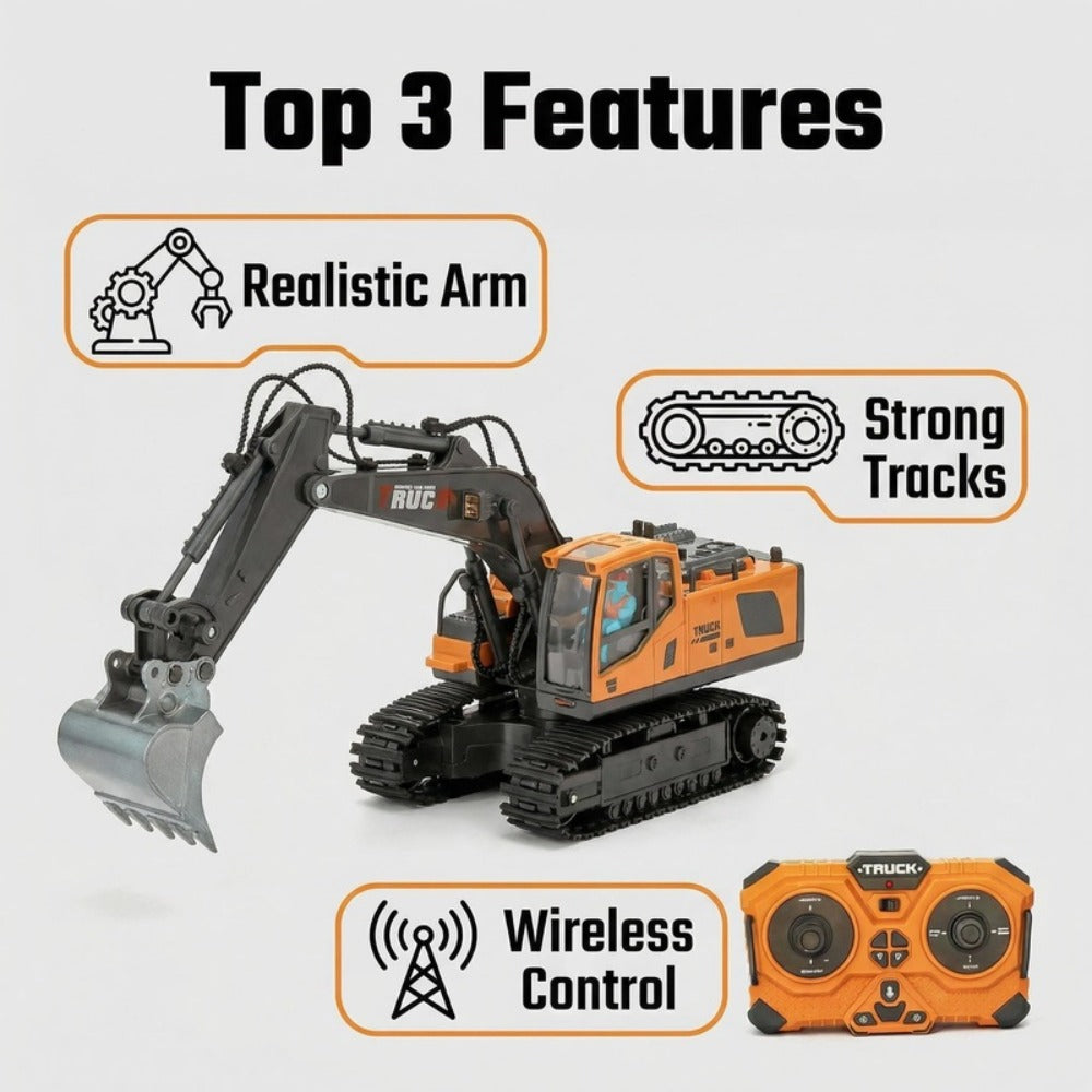 RC Excavator Toy 1:24 Scale 2.4GHz 9-Channel Remote Control with Alloy Metal Cap Lights & Sound Rechargeable Battery – Construction Truck for Boys Ages 6+ Birthday Christmas Gift Multiple Colors