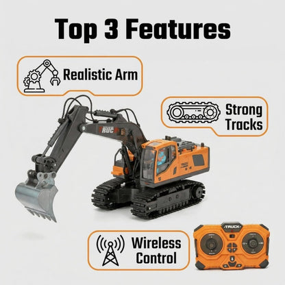 RC Excavator Toy 1:24 Scale 2.4GHz 9-Channel Remote Control with Alloy Metal Cap Lights & Sound Rechargeable Battery – Construction Truck for Boys Ages 6+ Birthday Christmas Gift Multiple Colors