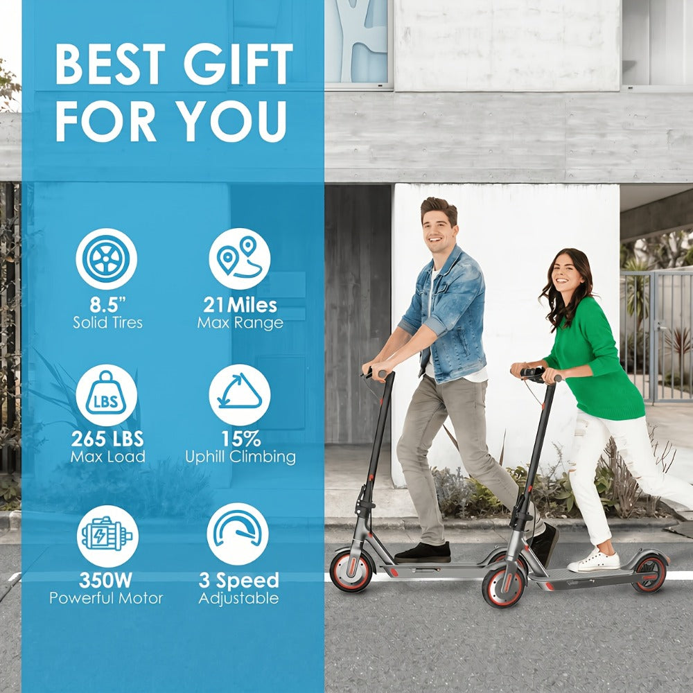 Electric Scooter for Adults 350W Motor 19 MPH 21-Mile Range Foldable Commuter Scooter 8.5 Inch Solid Tires APP Control Dual Brake LED Lights Portable