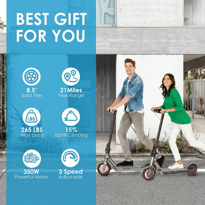 Electric Scooter for Adults 350W Motor 19 MPH 21-Mile Range Foldable Commuter Scooter 8.5 Inch Solid Tires APP Control Dual Brake LED Lights Portable