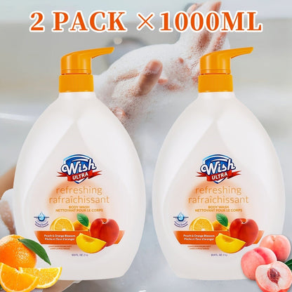 Moisturizing Body Wash 2-Pack 33.8 fl oz Each — Deep Cleansing Shower Gel for Women & Men, Long-Lasting Scent, Hydrating Formula, All Skin Types, Cucumber, Milky, Mango & Peach Fragrances