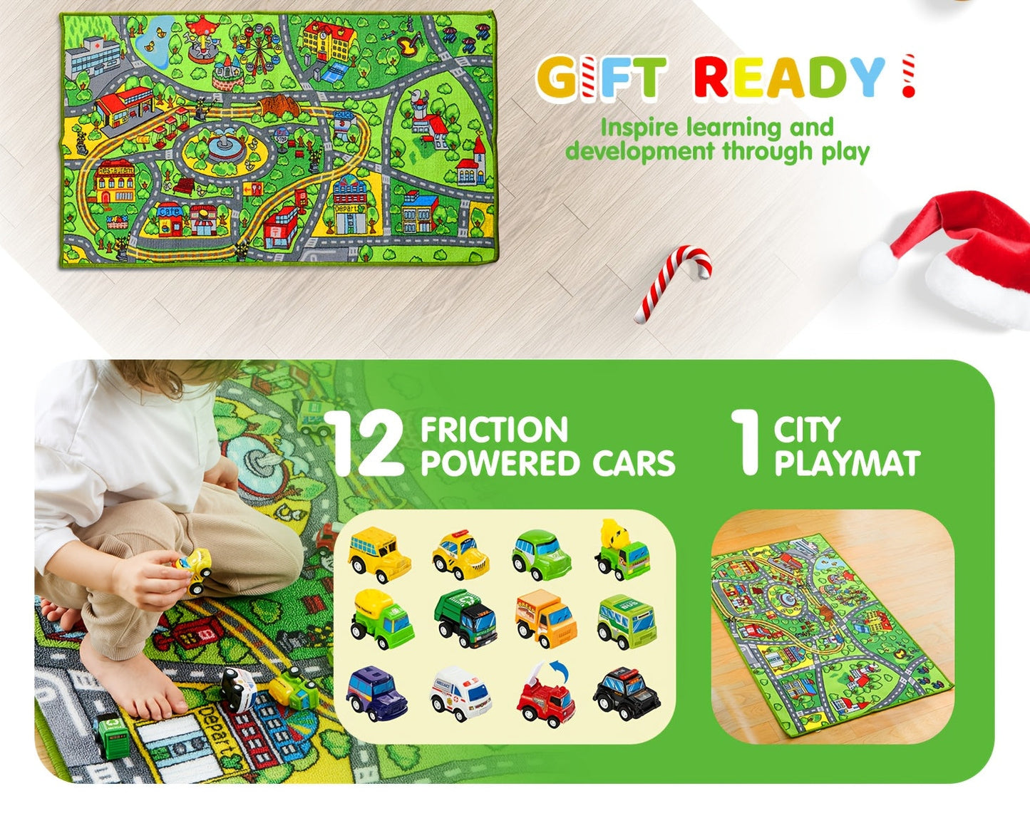 Kids City Playmat with 12 Cars - Jumbo city play rug with 12 pull-back cars