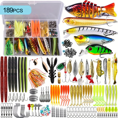 Fishing Lures Kit 66 / 95 / 189 Pcs – Complete Tackle Bait Set for Freshwater & Saltwater Bass Trout Fishing, Includes Spoons Spinners Soft Baits Hooks, Fishing Gear Gift for Men & Beginners