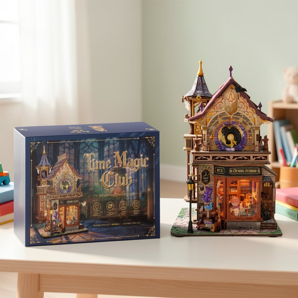 DIY Wood Miniature Bookhouse Model Kit SQ-71 Time Magic Club with Mechanical Link System – Adult Collector Dollhouse Display Piece, Unique Christmas Thanksgiving Birthday Gift for Women Teens Craft Lovers 14+