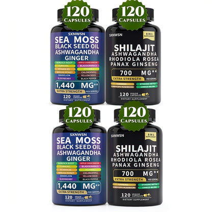Adaptogen Energy Supplement with Sea Moss & Shilajit – 7-in-1 Formula with Black Seed Oil, Ashwagandha, Rhodiola Rosea, Panax Ginseng & Ginger for Energy, Immunity & Vitality – 240 or 480 Capsules for Men and Women