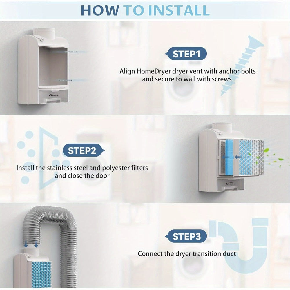 Indoor Dryer Vent Kit 3-in-1 Lint Trap Filter Box Stainless Steel Screen 6 Polyester Filters Reusable Washable Reduces Moisture Prevents Mold for Electric Clothes Dryers