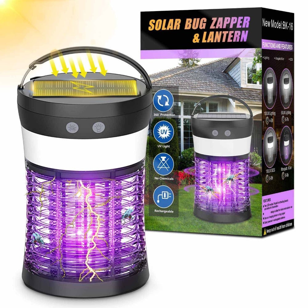 Solar Bug Zapper Electric 3-in-1 – 3000V UV 365nm Mosquito Killer Rechargeable Insect Fly Trap with White Light & Flashlight, 2100 Sq Ft Coverage for Indoor Outdoor Home Patio Backyard Camping – Black