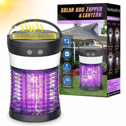 Solar Bug Zapper Electric 3-in-1 – 3000V UV 365nm Mosquito Killer Rechargeable Insect Fly Trap with White Light & Flashlight, 2100 Sq Ft Coverage for Indoor Outdoor Home Patio Backyard Camping – Black