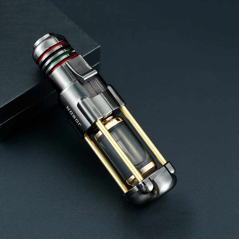 Butane Torch Lighter Windproof Jet Flame Zinc Alloy Refillable – Visible Fuel Tank, Adjustable Blue Flame, Rocket Design for Camping, BBQ, Cigar & Outdoor Use, Grey & Golden (No Butane Included)