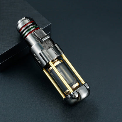 Butane Torch Lighter Windproof Jet Flame Zinc Alloy Refillable – Visible Fuel Tank, Adjustable Blue Flame, Rocket Design for Camping, BBQ, Cigar & Outdoor Use, Grey & Golden (No Butane Included)