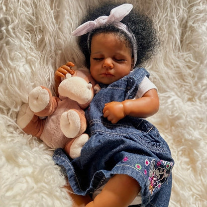 Reborn Baby Doll 19 Inch Curly Blue Hair with Sleeping Sounds Soft Cloth Body & 2.6lbs Lifelike Weight – Hand-Painted Details Includes Outfit Pacifier Plush Toy & Birth Certificate, Newborn Gift Ages 3+ 49cm